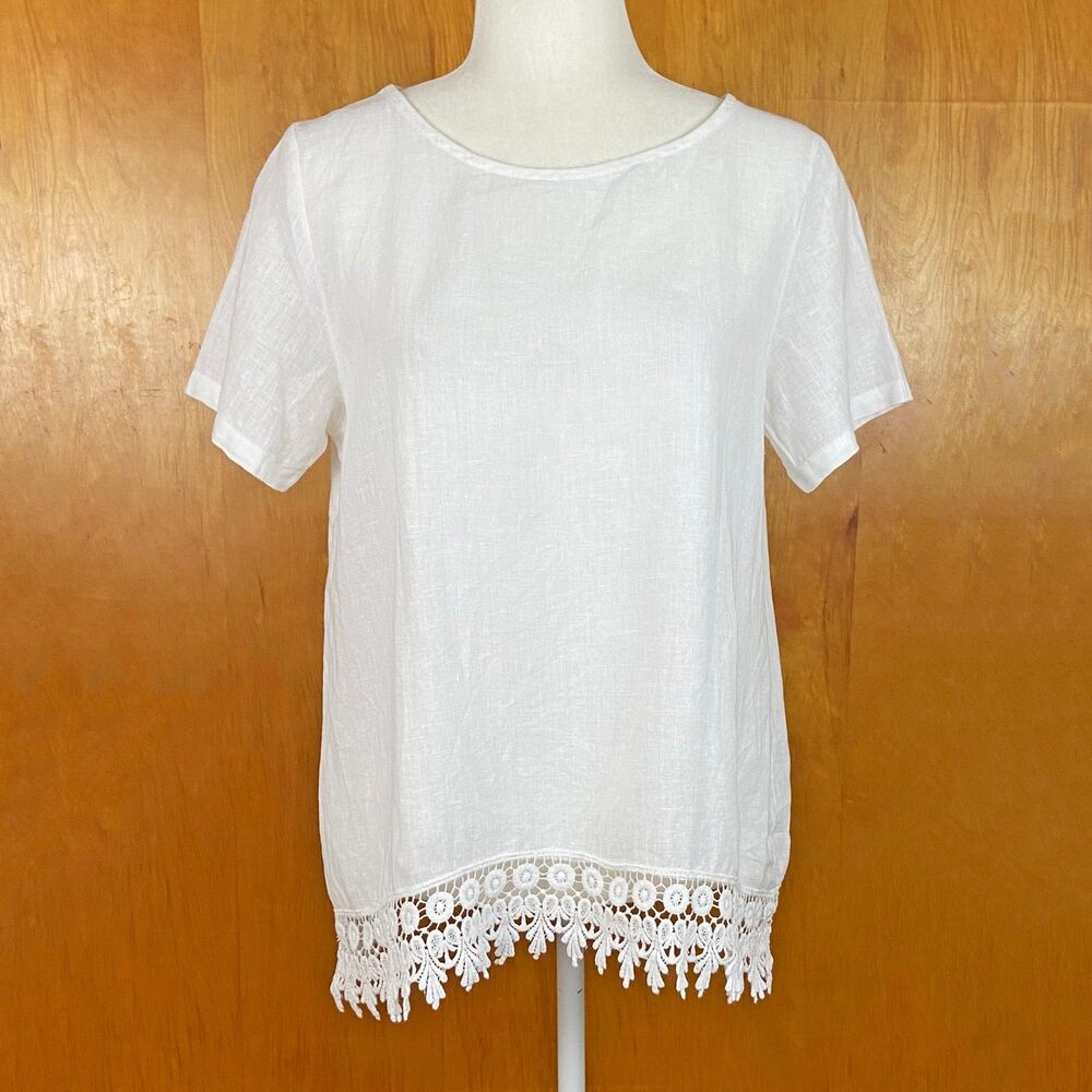 Terzo Millennio White Linen Top Size S Crochet Lace Hem Short Sleeves Lagenlook